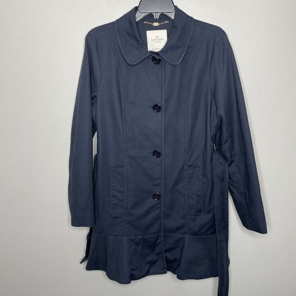 KATE SPADE Womens Blue Button-Front Ruffle-Trim Coat Medium M Lined Cotton-Blend - Picture 3 of 12